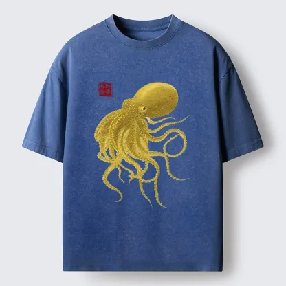Tokyo-Lion Woodblock Golden Octopus Washed T-Shirt