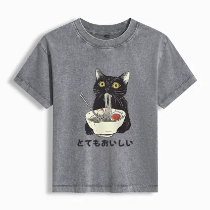 Tokyo-Lion Cats Eat Ramen Noodles Women's Washed T-shirt