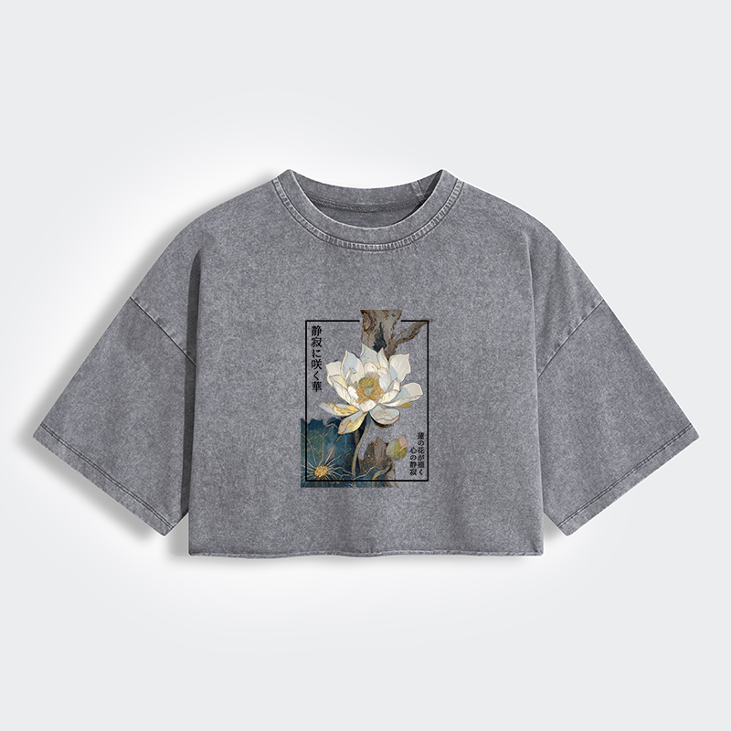 Tokyo-Lion Blooming Lotus Japan Women's Washed Crop T-Shirt