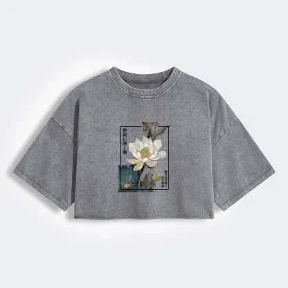 Tokyo-Lion Blooming Lotus Japan Women's Washed Crop T-Shirt