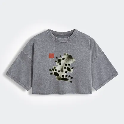 Tokyo-Lion Ink Painting Frog Women's Washed Crop T-Shirt