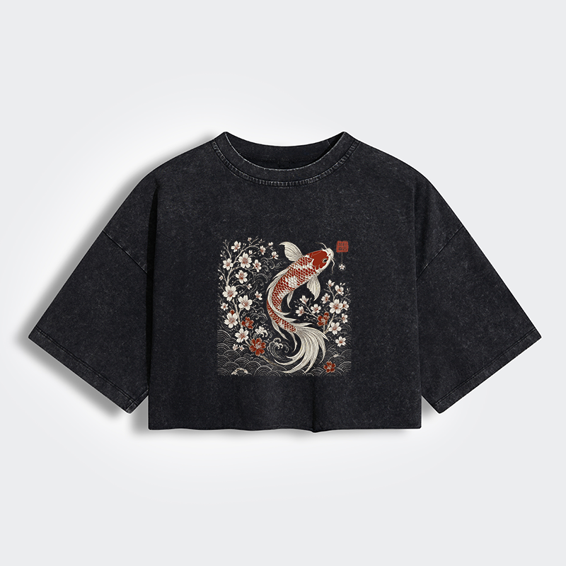 Tokyo-Lion Vintage Sakura And Koi Women's Washed Crop T-Shirt