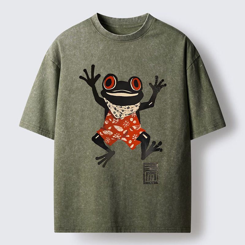 Tokyo-Lion Japanese Happy Frog Ukiyoe Washed T-Shirt