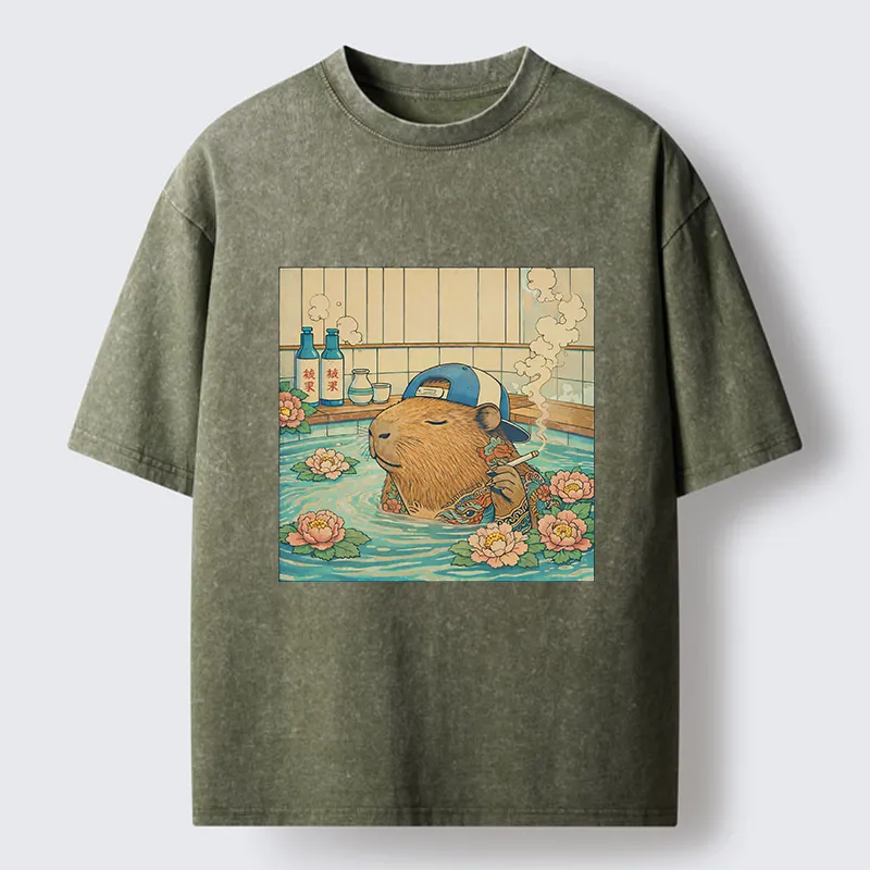 Tokyo-Lion Capybara Enjoy Onsen Washed T-Shirt