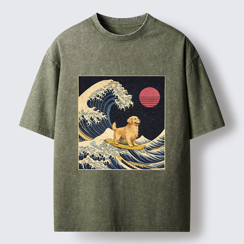 Tokyo-Lion The Great Wave Dog Funny Washed T-Shirt