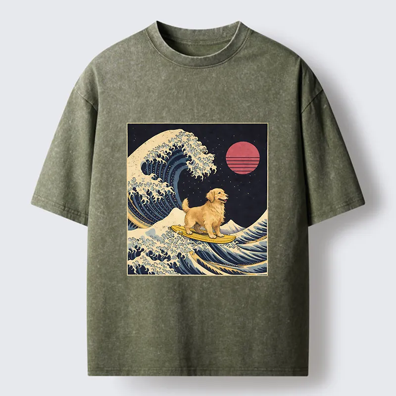 Tokyo-Lion The Great Wave Dog Funny Washed T-Shirt