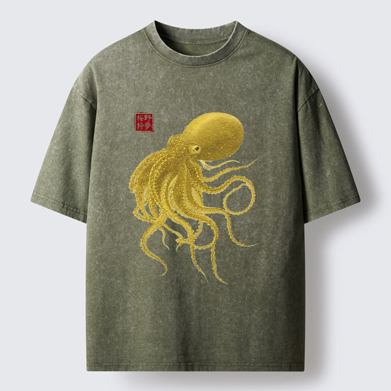Tokyo-Lion Woodblock Golden Octopus Washed T-Shirt