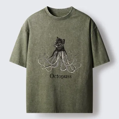 Tokyo-Lion Octopus Cat Monster Washed T-Shirt