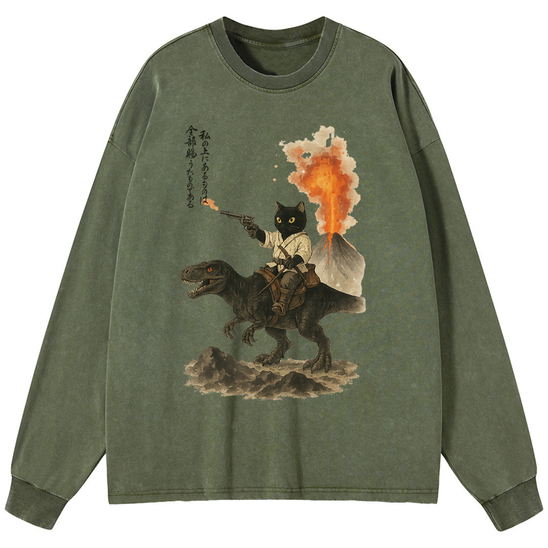 Tokyo-Lion Cat Riding A Dinosaur Washed Long Sleeve T-Shirt