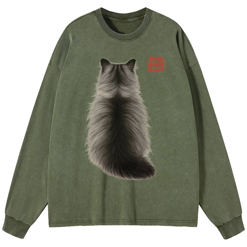 Tokyo-Lion Cat's Back Ink Painting Washed Long Sleeve T-Shirt