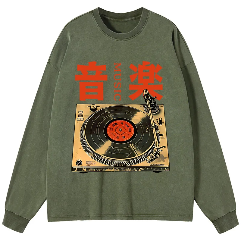 Tokyo-Lion Retro Music Record Player Washed Long Sleeve T-Shirt