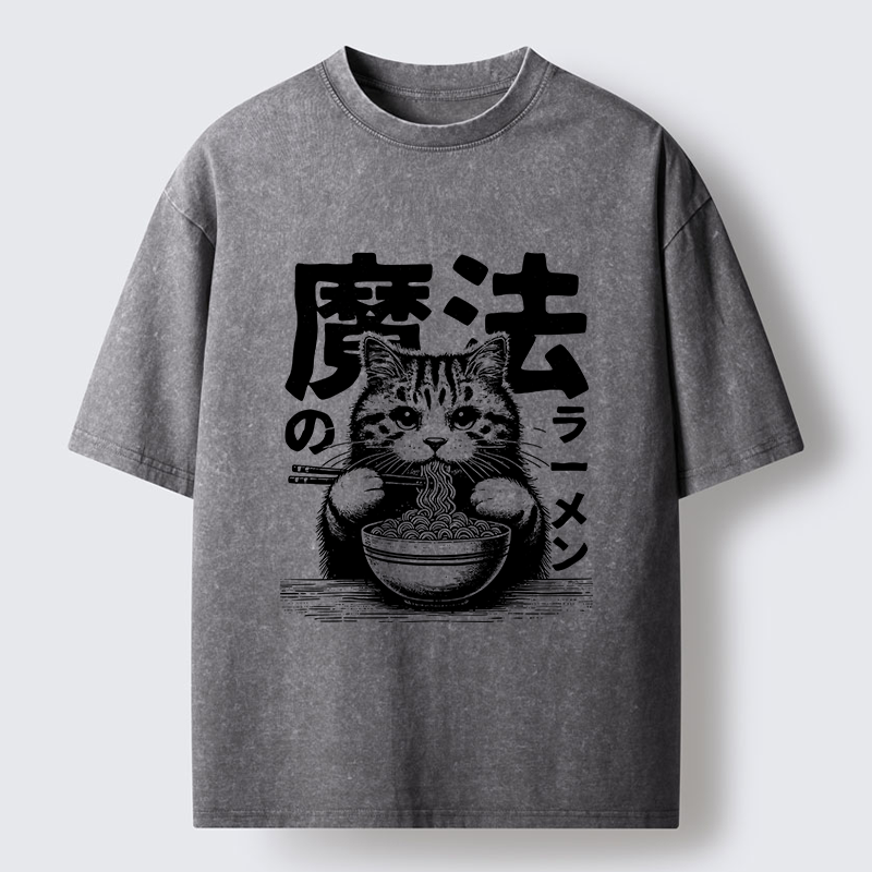 Tokyo-Lion Cat Eating Magic Ramen Washed T-Shirt