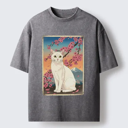 Tokyo-Lion Sakura Fuji And Cat Japanese Art Washed T-Shirt