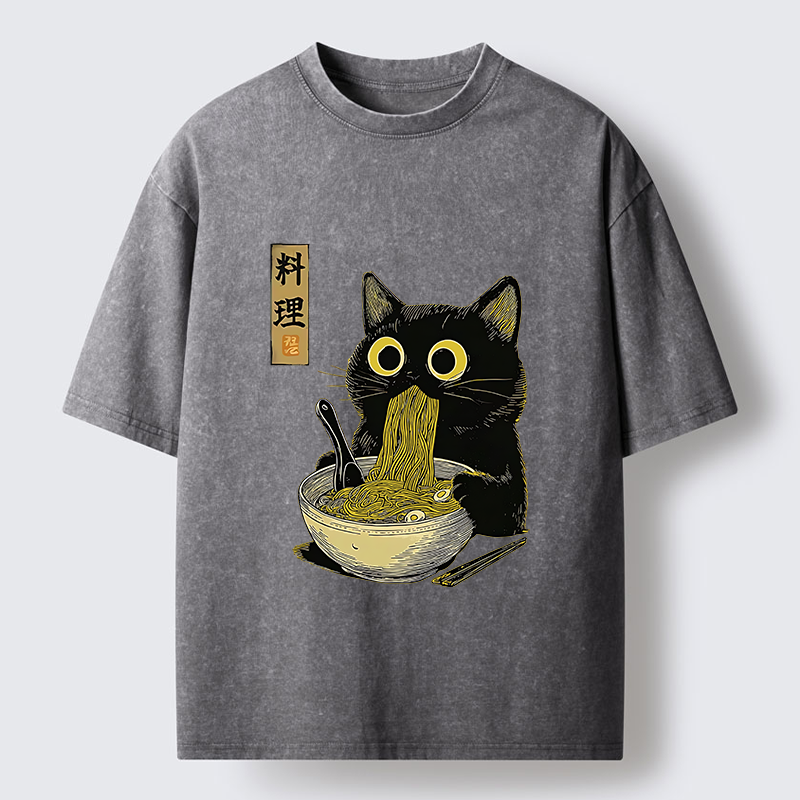 Tokyo-Lion Japanese Black Cat Ramen Noodle Washed T-Shirt