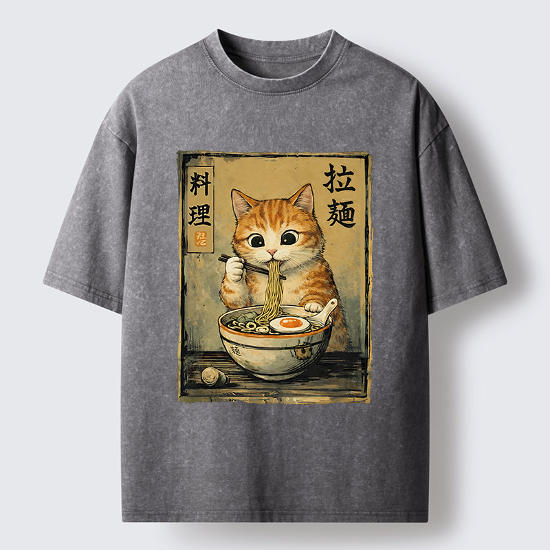 Tokyo-Lion Retro Ginger Cat Ramen Washed T-Shirt