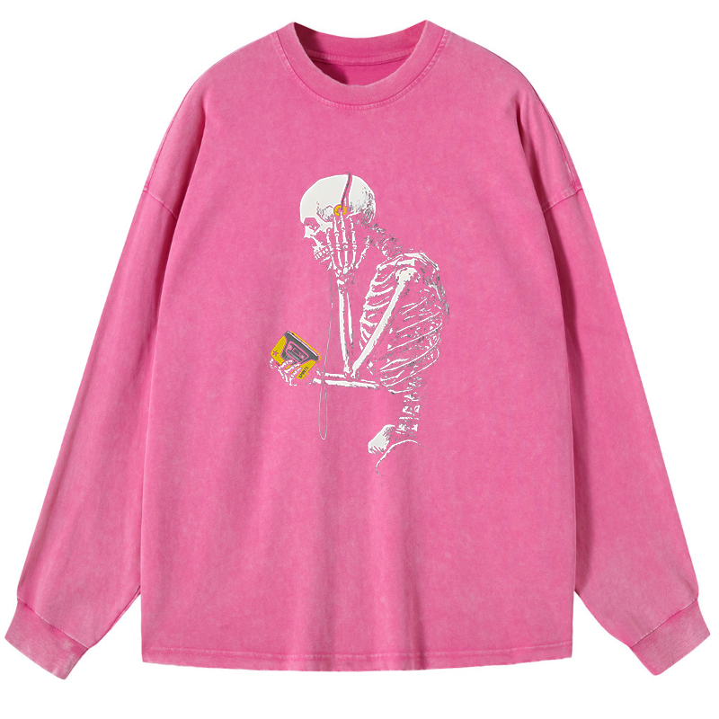 Tokyo-Lion Skeleton Listening To Music Washed Long Sleeve T-Shirt
