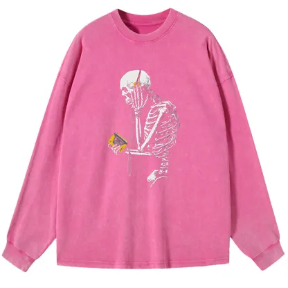 Tokyo-Lion Skeleton Listening To Music Washed Long Sleeve T-Shirt