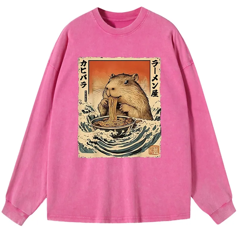 Tokyo-Lion Hamster Eating Ramen Washed Long Sleeve T-Shirt