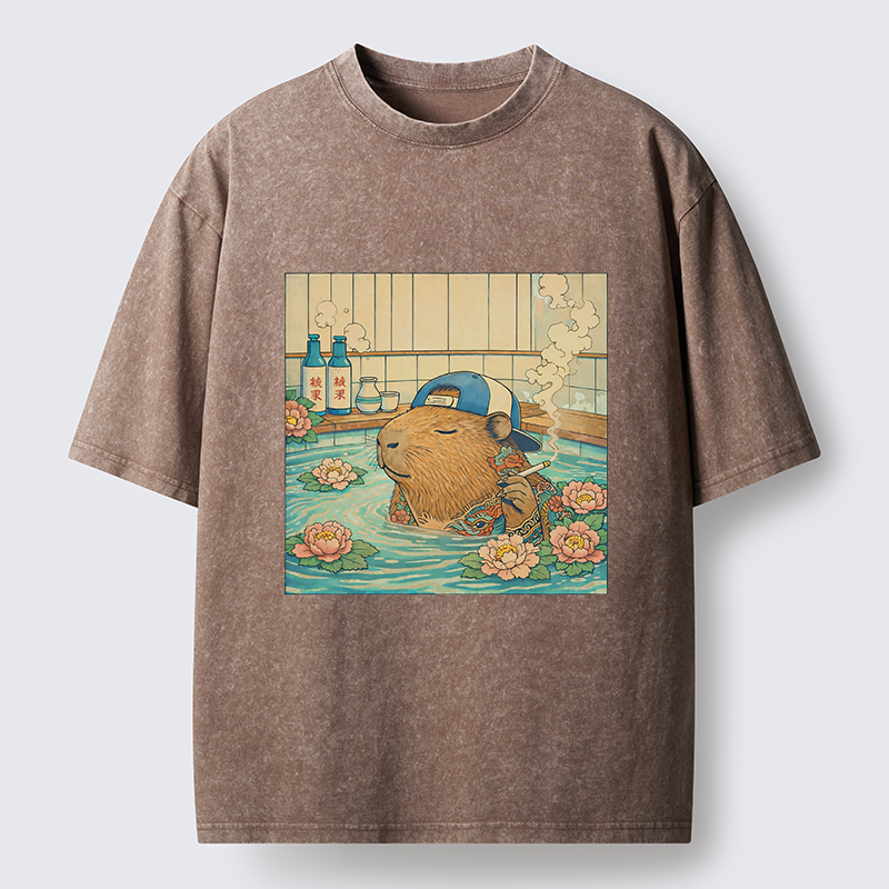 Tokyo-Lion Capybara Enjoy Onsen Washed T-Shirt