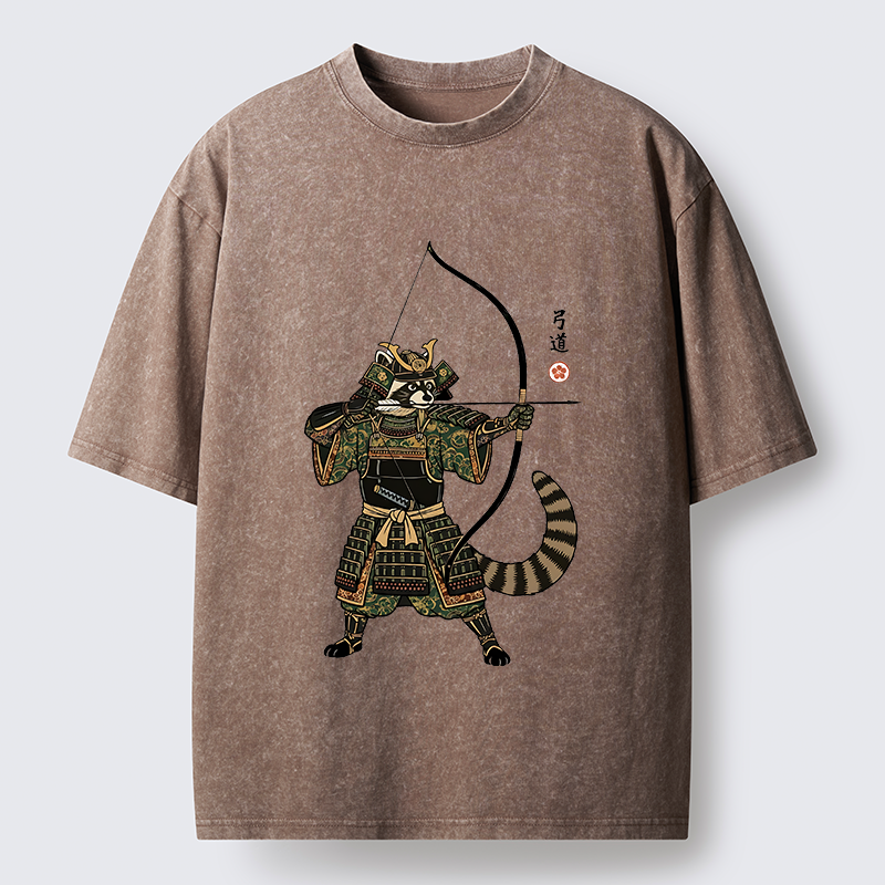 Tokyo-Lion Kyudo Raccoon Samurai Washed T-Shirt