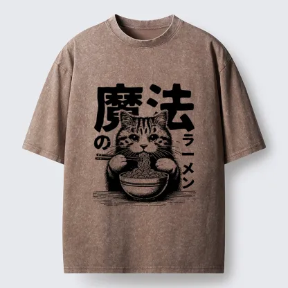 Tokyo-Lion Cat Eating Magic Ramen Washed T-Shirt