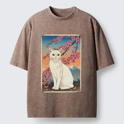 Tokyo-Lion Sakura Fuji And Cat Japanese Art Washed T-Shirt