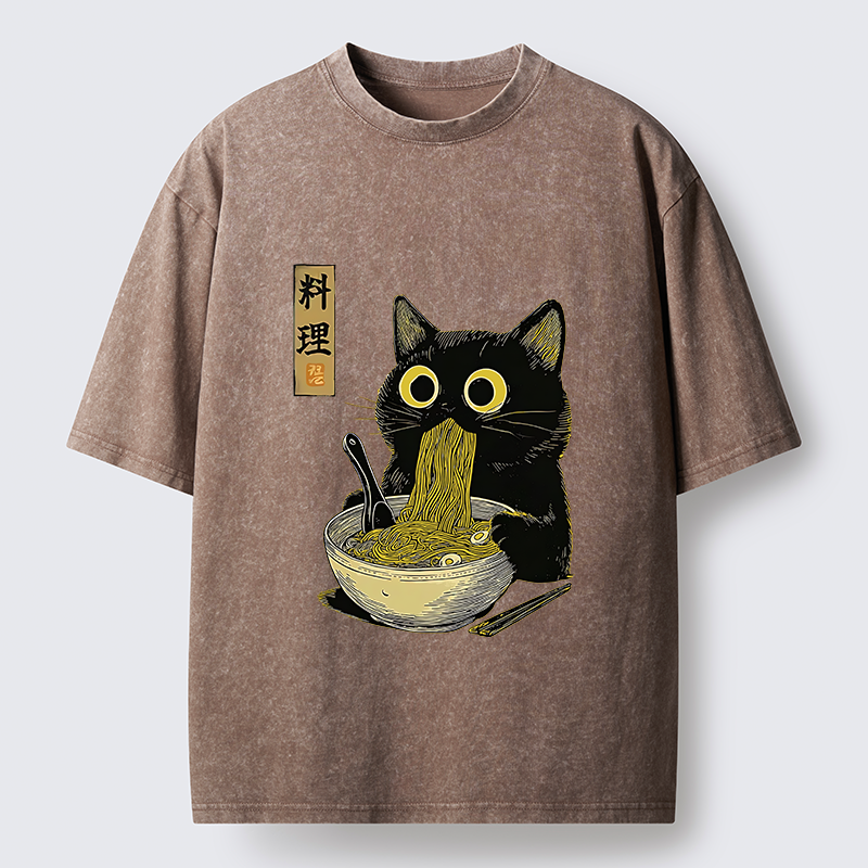 Tokyo-Lion Japanese Black Cat Ramen Noodle Washed T-Shirt