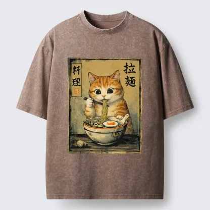 Tokyo-Lion Retro Ginger Cat Ramen Washed T-Shirt