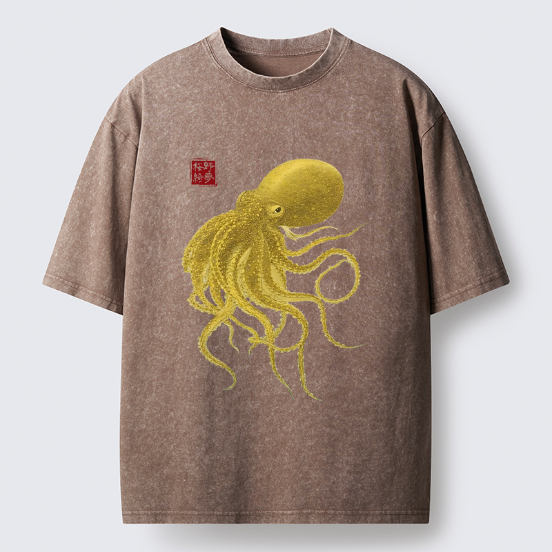 Tokyo-Lion Woodblock Golden Octopus Washed T-Shirt