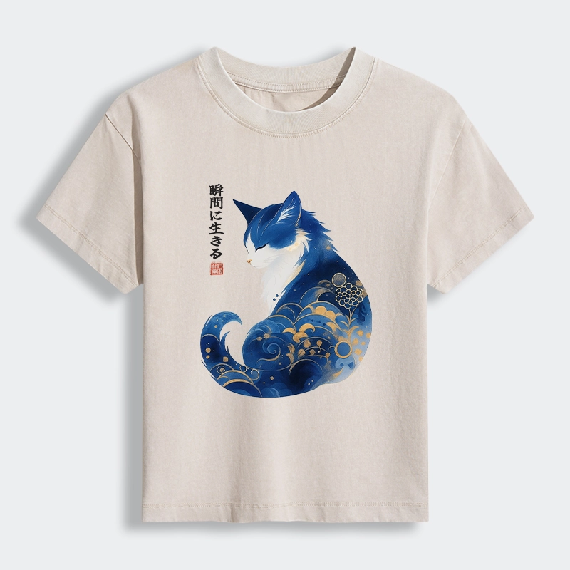 Tokyo-Lion Retro Zen Cat: Living the Present Women's Washed T-shirt