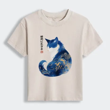 Tokyo-Lion Retro Zen Cat: Living the Present Women's Washed T-shirt