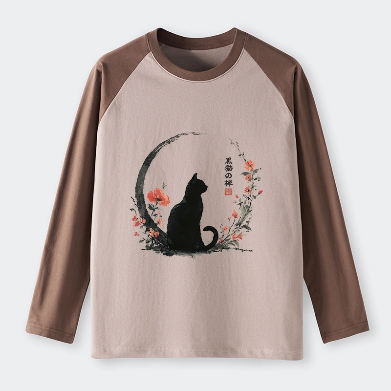 Tokyo-Lion Black Cat And Flowers Raglan Long Sleeve T-shirt