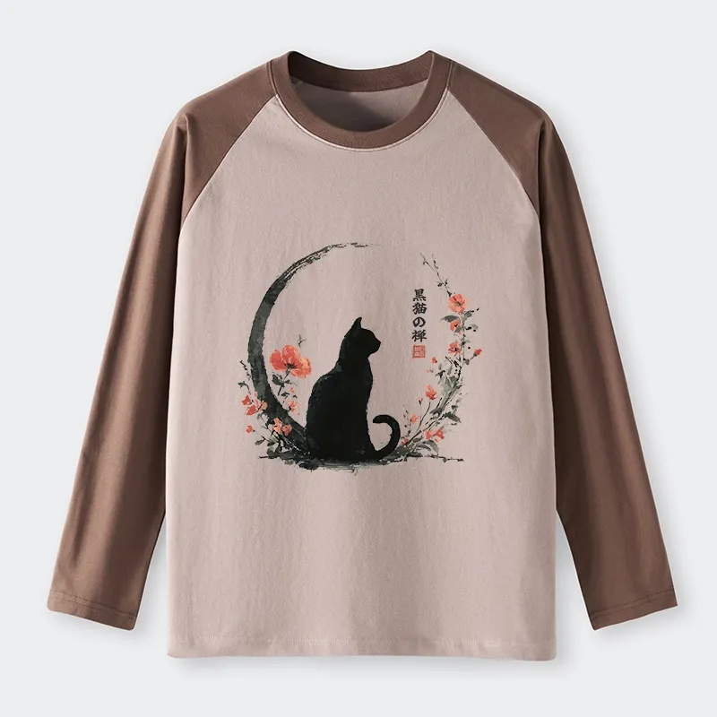 Tokyo-Lion Black Cat And Flowers Raglan Long Sleeve T-shirt