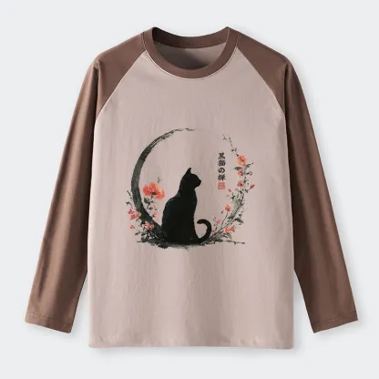 Tokyo-Lion Black Cat And Flowers Raglan Long Sleeve T-shirt