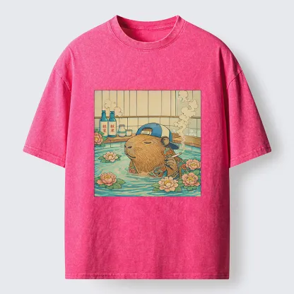 Tokyo-Lion Capybara Enjoy Onsen Washed T-Shirt