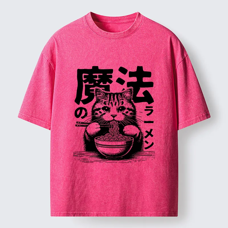 Tokyo-Lion Cat Eating Magic Ramen Washed T-Shirt