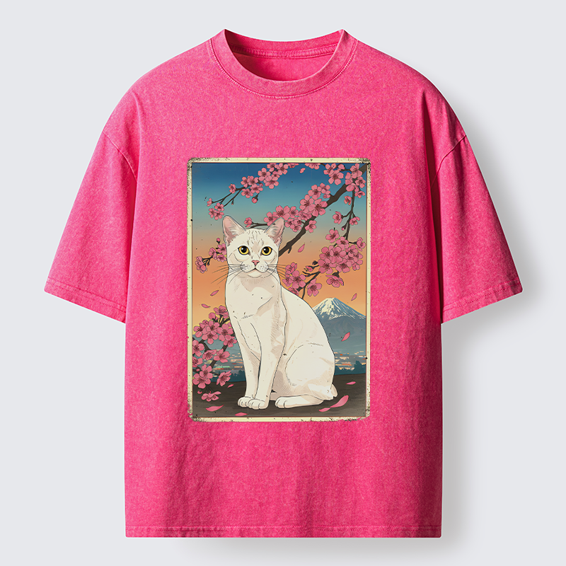 Tokyo-Lion Sakura Fuji And Cat Japanese Art Washed T-Shirt