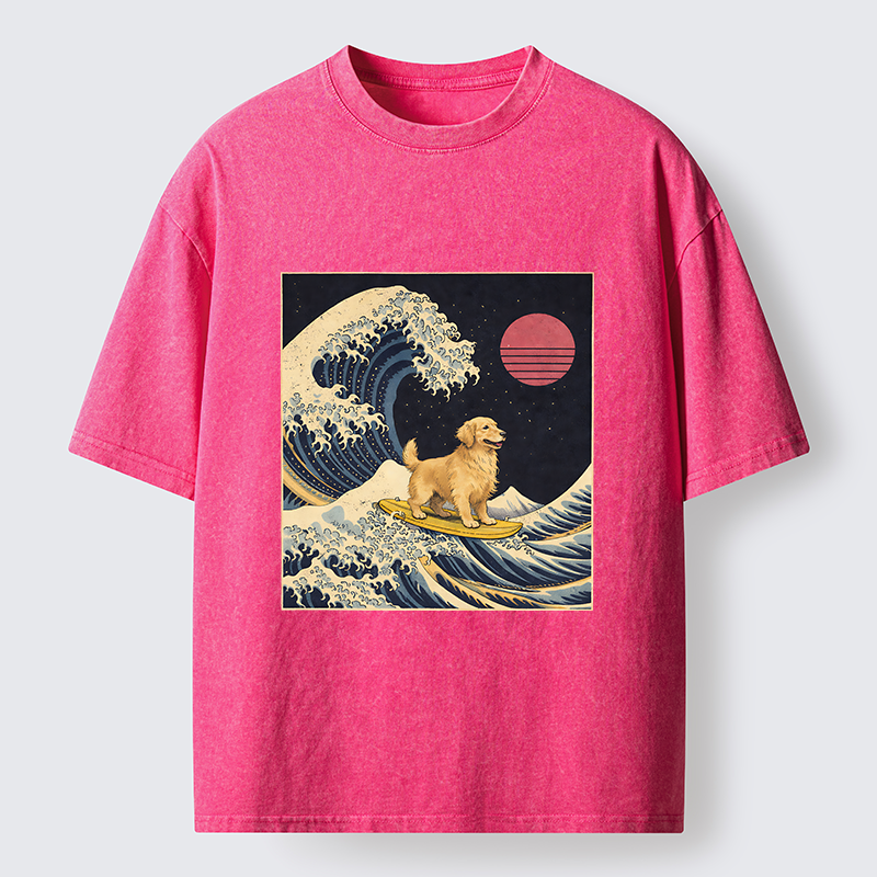 Tokyo-Lion The Great Wave Dog Funny Washed T-Shirt