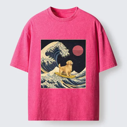 Tokyo-Lion The Great Wave Dog Funny Washed T-Shirt