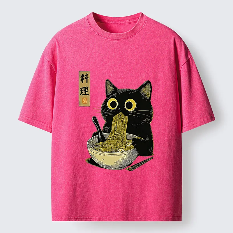 Tokyo-Lion Japanese Black Cat Ramen Noodle Washed T-Shirt