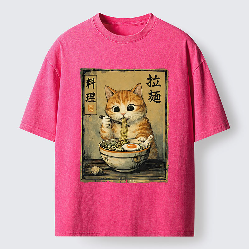 Tokyo-Lion Retro Ginger Cat Ramen Washed T-Shirt