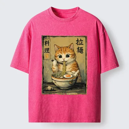 Tokyo-Lion Retro Ginger Cat Ramen Washed T-Shirt