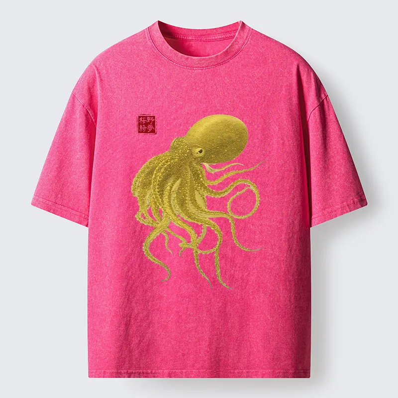 Tokyo-Lion Woodblock Golden Octopus Washed T-Shirt
