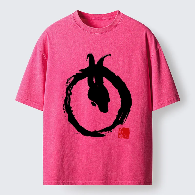 Tokyo-Lion Ink Painting Zen Enso Rabbit Washed T-Shirt