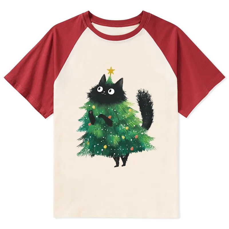 Tokyo-Lion Christmas Tree Cat Japan Raglan T-shirt
