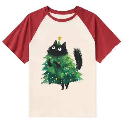 Tokyo-Lion Christmas Tree Cat Japan Raglan T-shirt