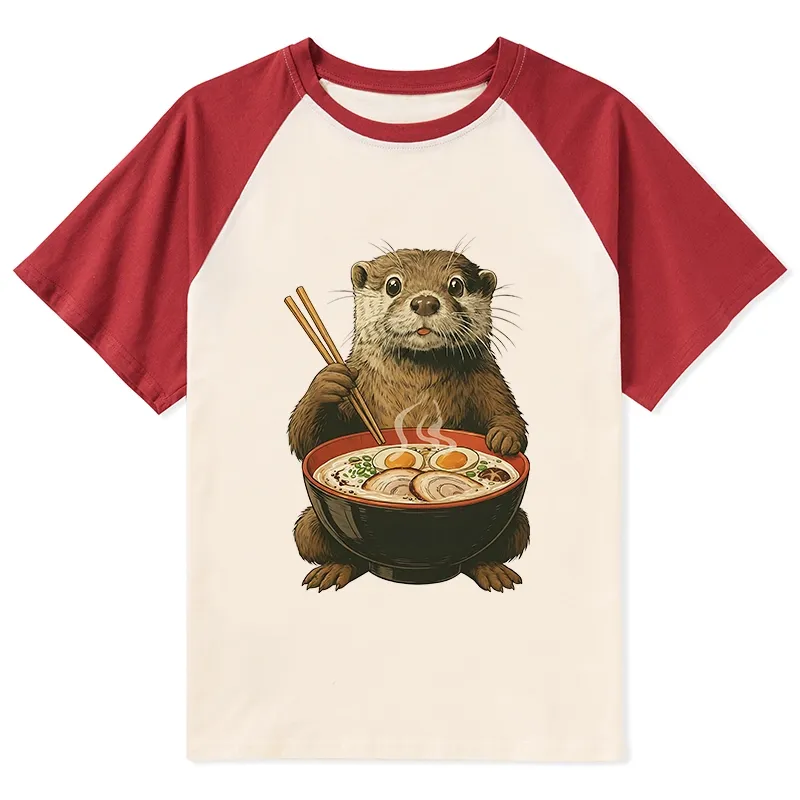 Tokyo-Lion Japanese Otter Eating Ramen Raglan T-shirt