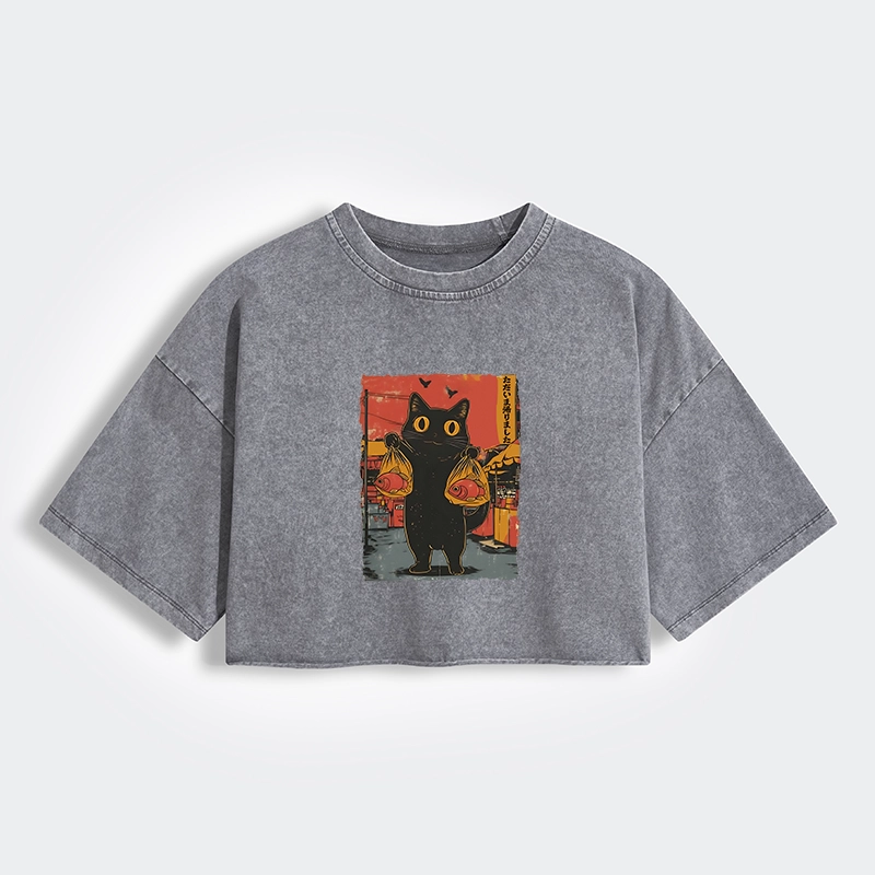 Tokyo-Lion Cat Fishing Japanese Women's Washed Crop T-Shirt