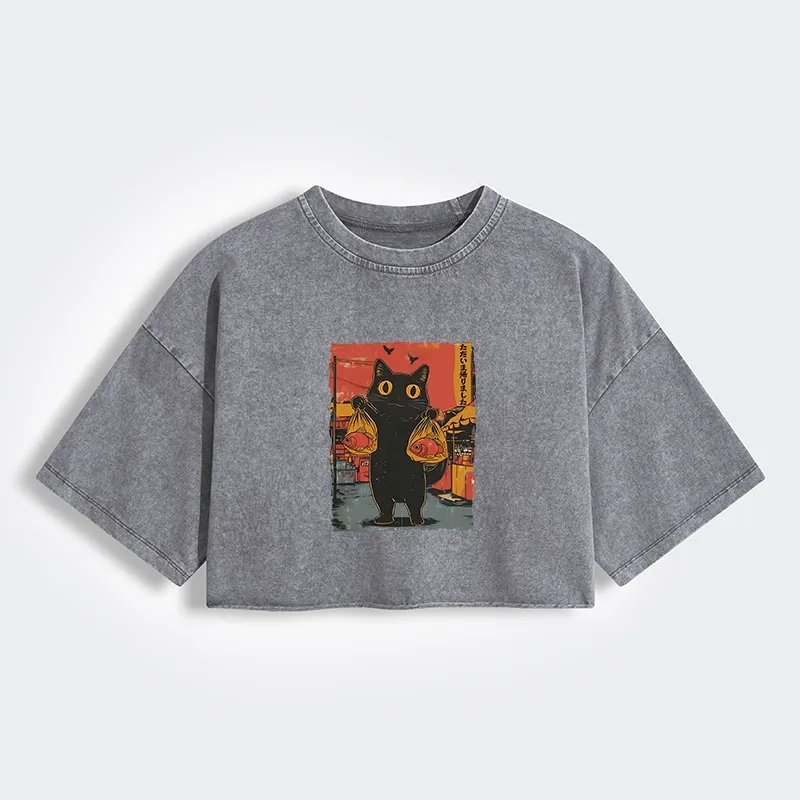 Tokyo-Lion Cat Fishing Japanese Women's Washed Crop T-Shirt