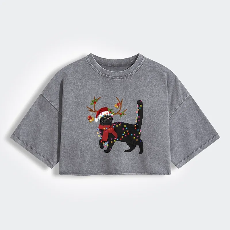 Tokyo-Lion Christmas Black Cat Women's Washed Crop T-Shirt